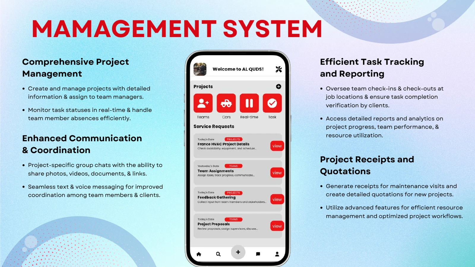 Al Quds case study, slide 6: proposed mobile project management, team coordination, tracking and quotations.